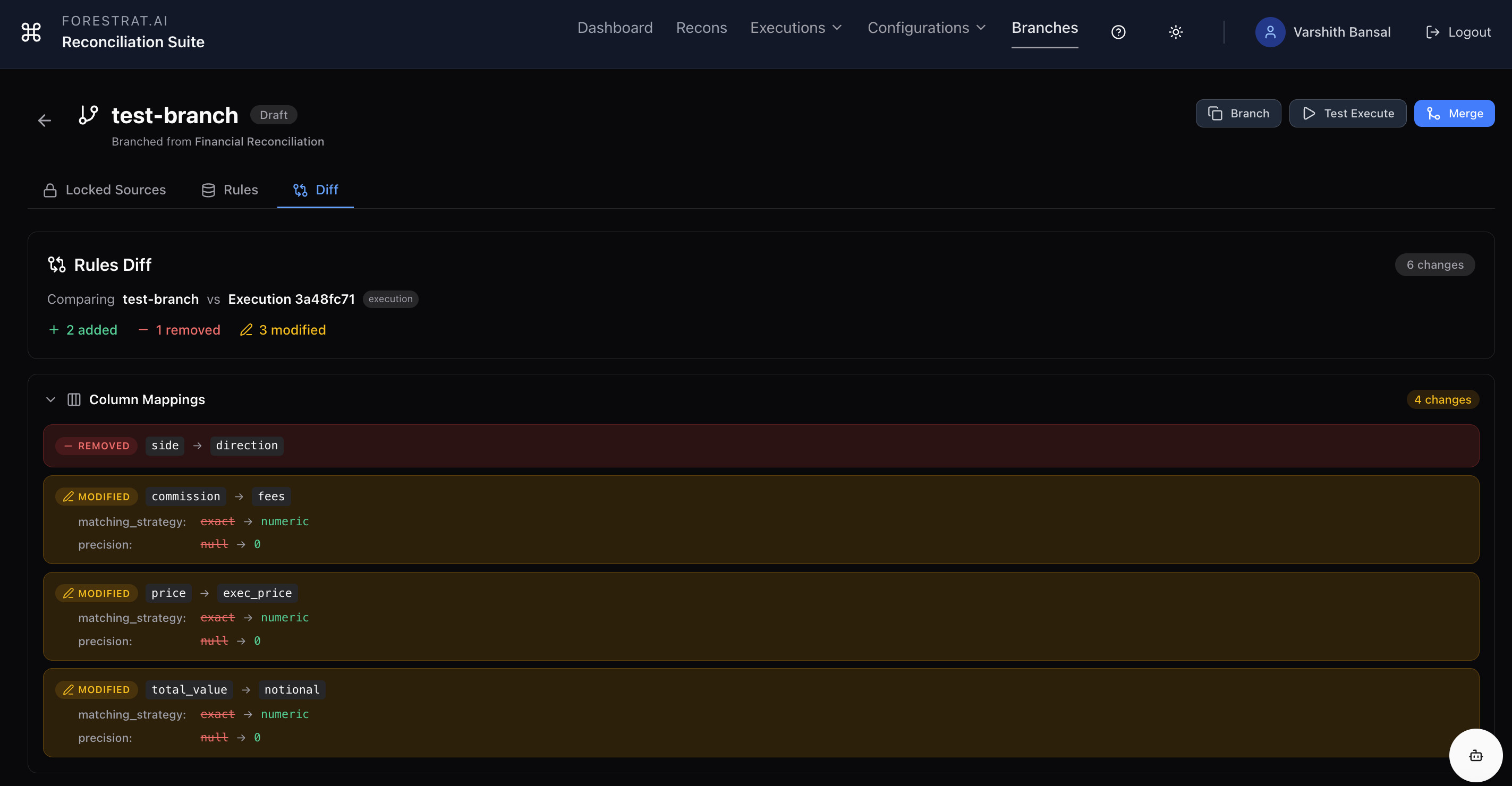 MatchStrat reconciliation view showing branch-based rule edits and row-level data diffs before changes go live.