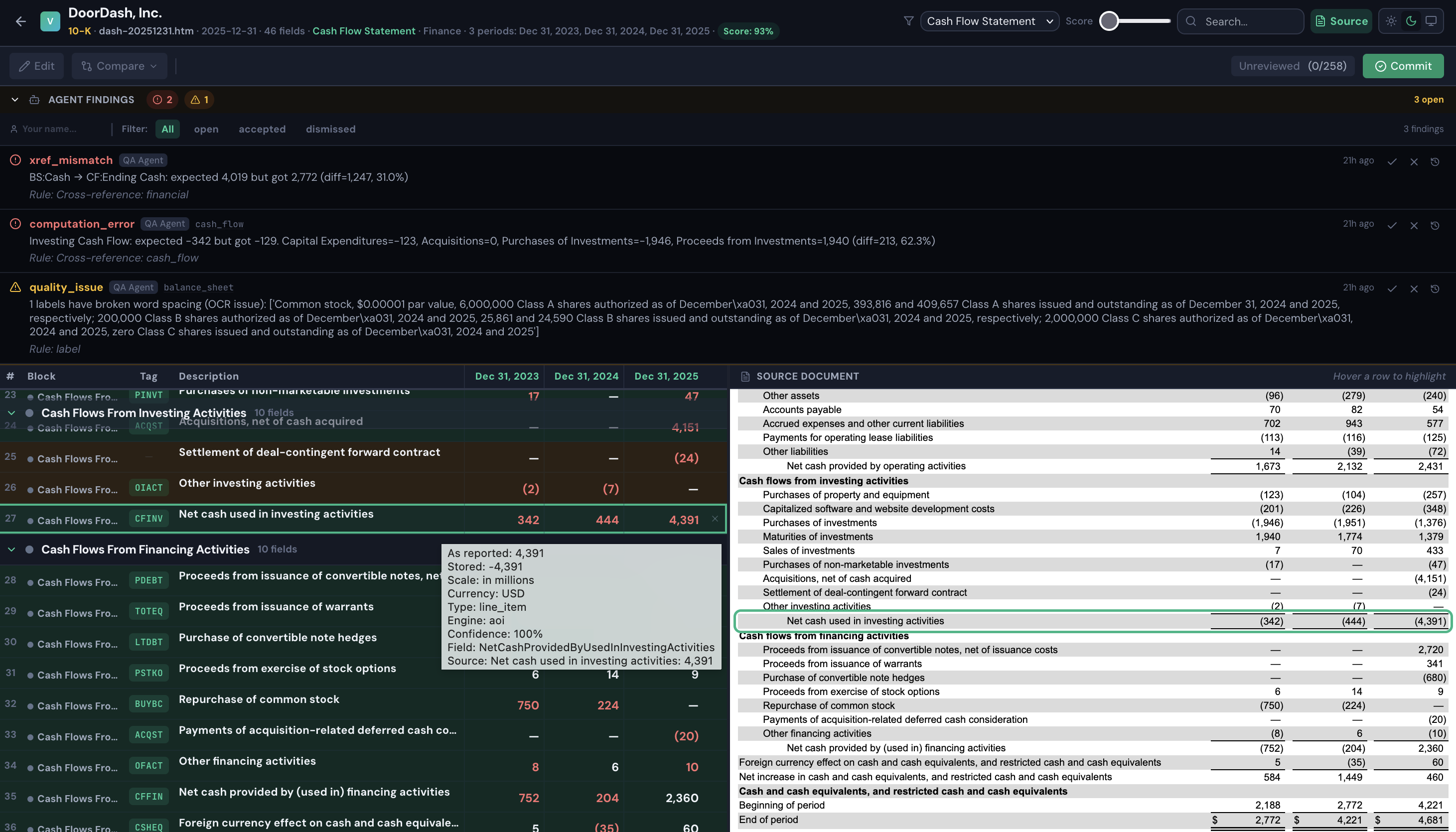 Analyst review split-pane interface