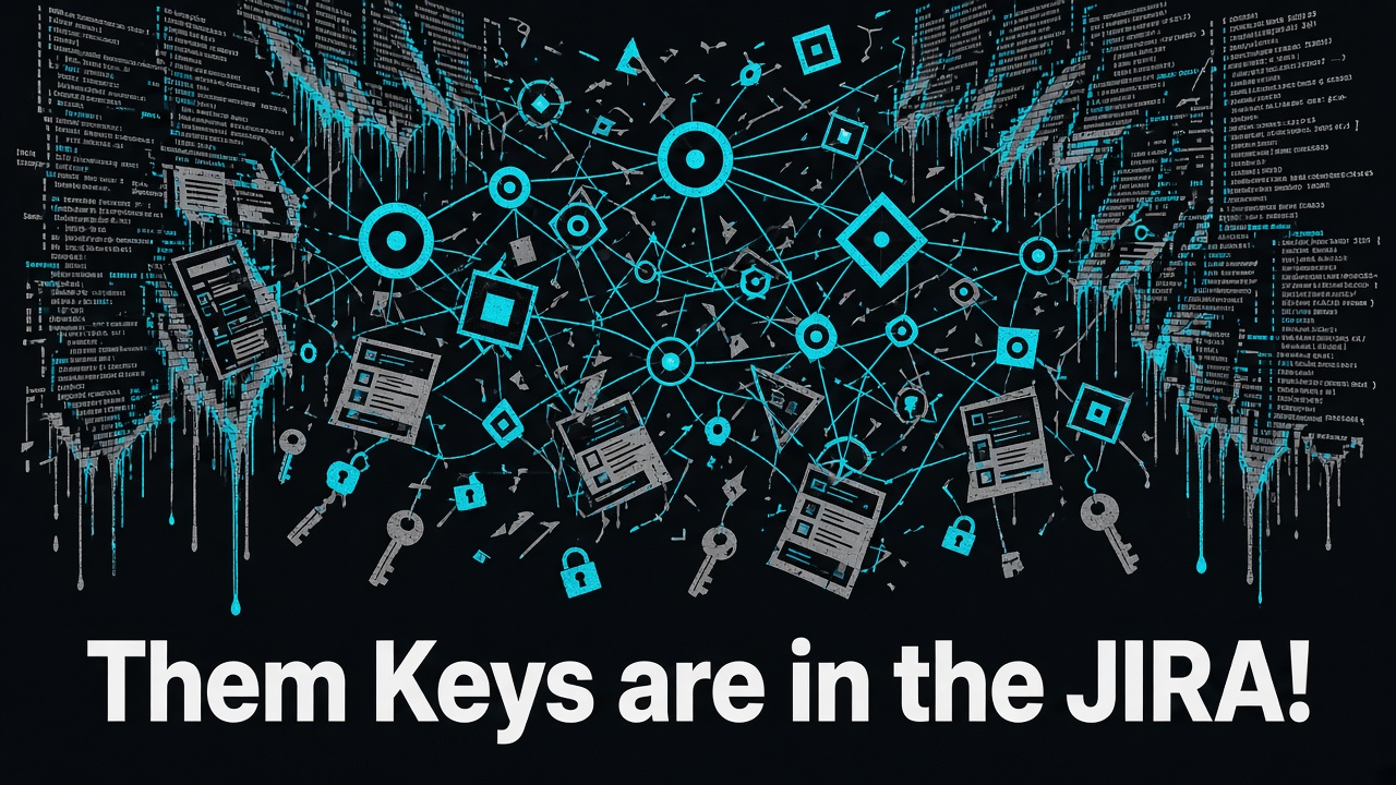 Agents running amok, with vibe-coded files overflowing and keys leaking from tickets. The caption reads: Them Keys are in the JIRA!